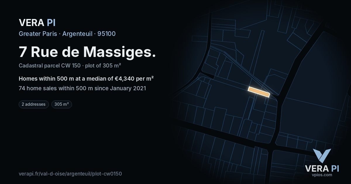 7 Rue de Massiges, Argenteuil at night – the plot lit, the parcels around coloured by the prices near them