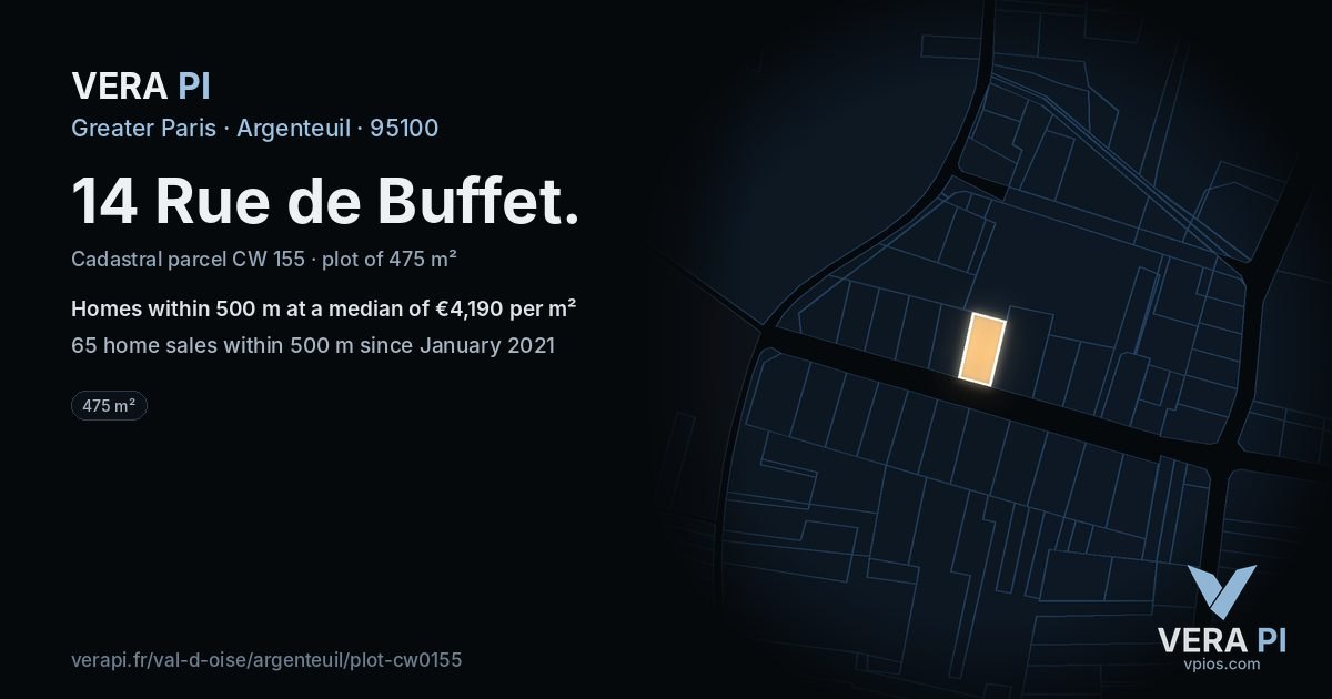 14 Rue de Buffet, Argenteuil at night – the plot lit, the parcels around coloured by the prices near them