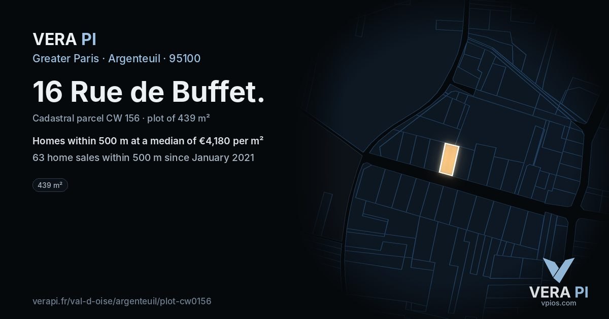 16 Rue de Buffet, Argenteuil at night – the plot lit, the parcels around coloured by the prices near them