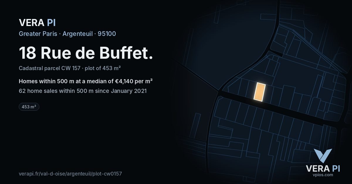 18 Rue de Buffet, Argenteuil at night – the plot lit, the parcels around coloured by the prices near them