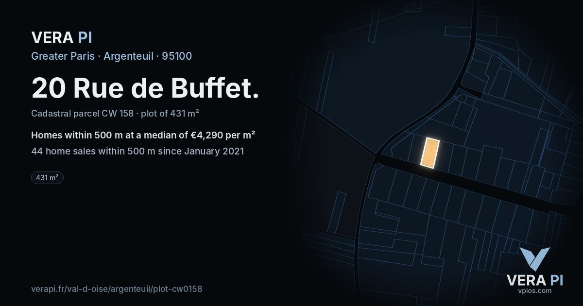 20 Rue de Buffet, Argenteuil at night – the plot lit, the parcels around coloured by the prices near them