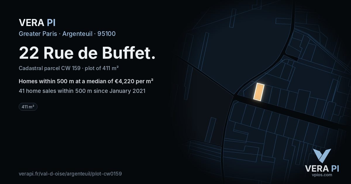 22 Rue de Buffet, Argenteuil at night – the plot lit, the parcels around coloured by the prices near them