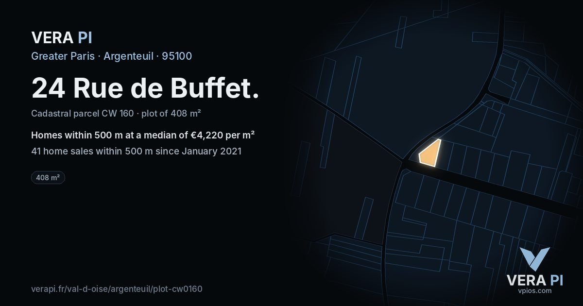 24 Rue de Buffet, Argenteuil at night – the plot lit, the parcels around coloured by the prices near them