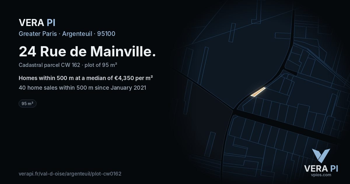24 Rue de Mainville, Argenteuil at night – the plot lit, the parcels around coloured by the prices near them