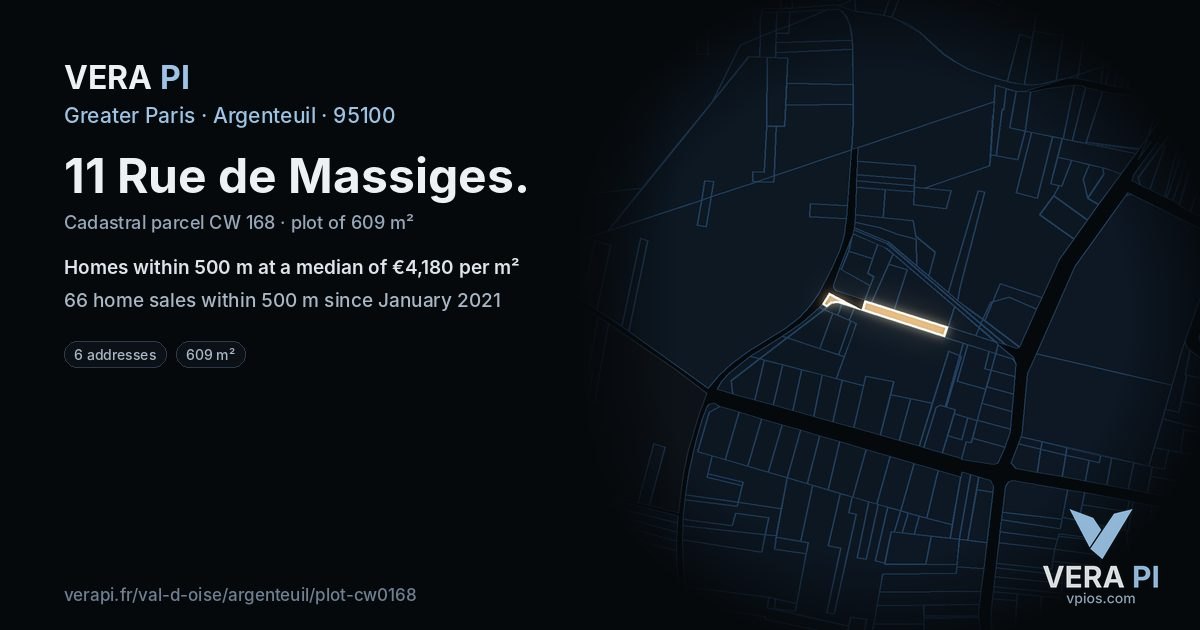 11 Rue de Massiges, Argenteuil at night – the plot lit, the parcels around coloured by the prices near them