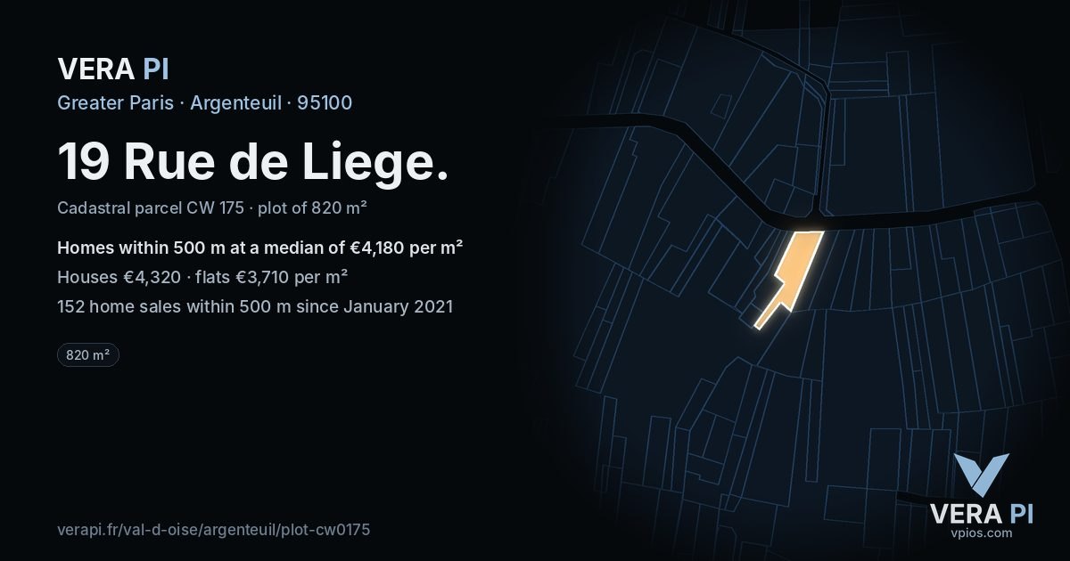 19 Rue de Liege, Argenteuil at night – the plot lit, the parcels around coloured by the prices near them