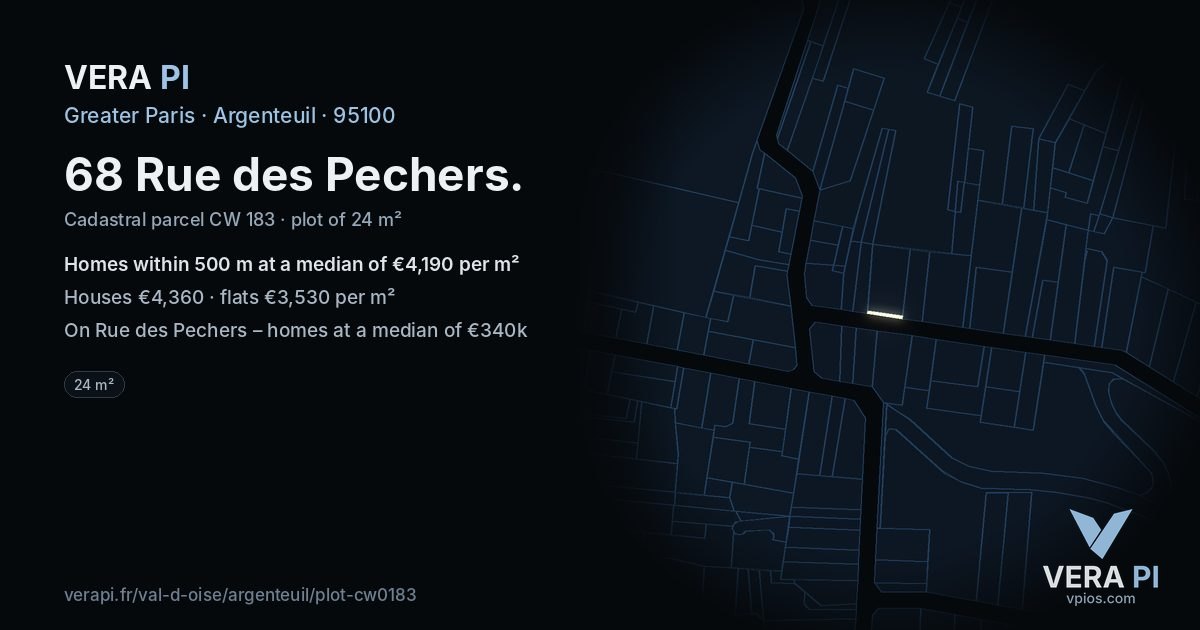 68 Rue des Pechers, Argenteuil at night – the plot lit, the parcels around coloured by the prices near them