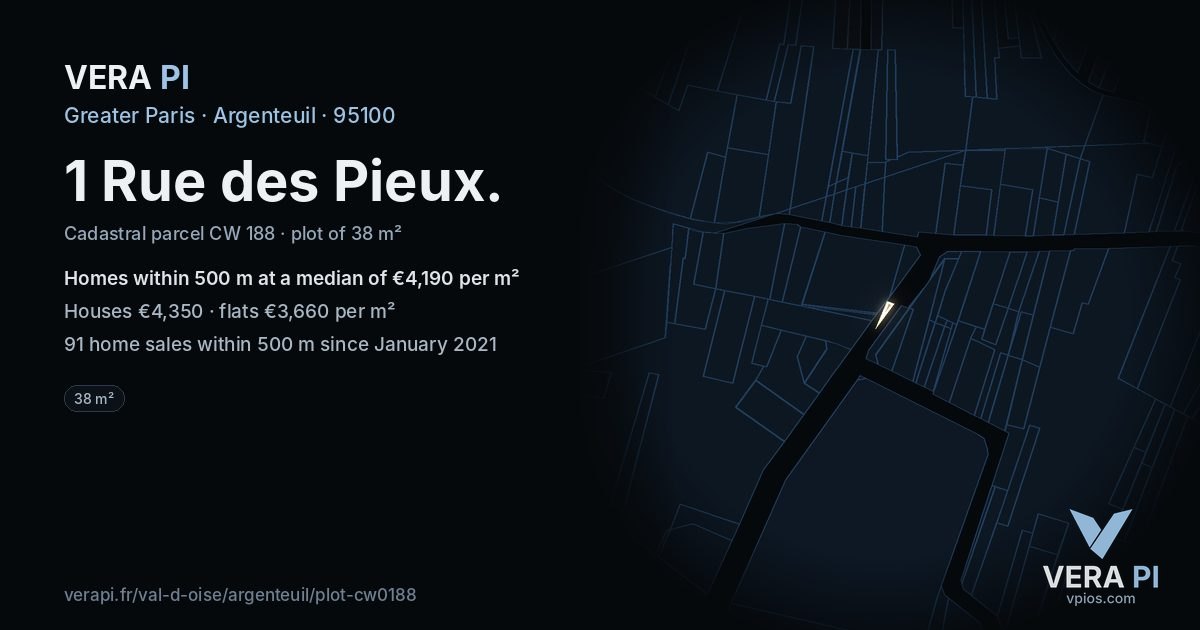 1 Rue des Pieux, Argenteuil at night – the plot lit, the parcels around coloured by the prices near them