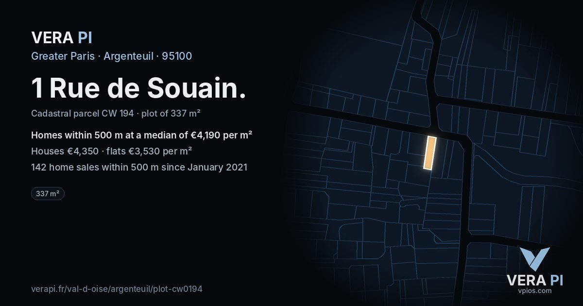 1 Rue de Souain, Argenteuil at night – the plot lit, the parcels around coloured by the prices near them