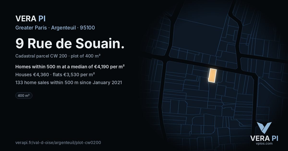 9 Rue de Souain, Argenteuil at night – the plot lit, the parcels around coloured by the prices near them