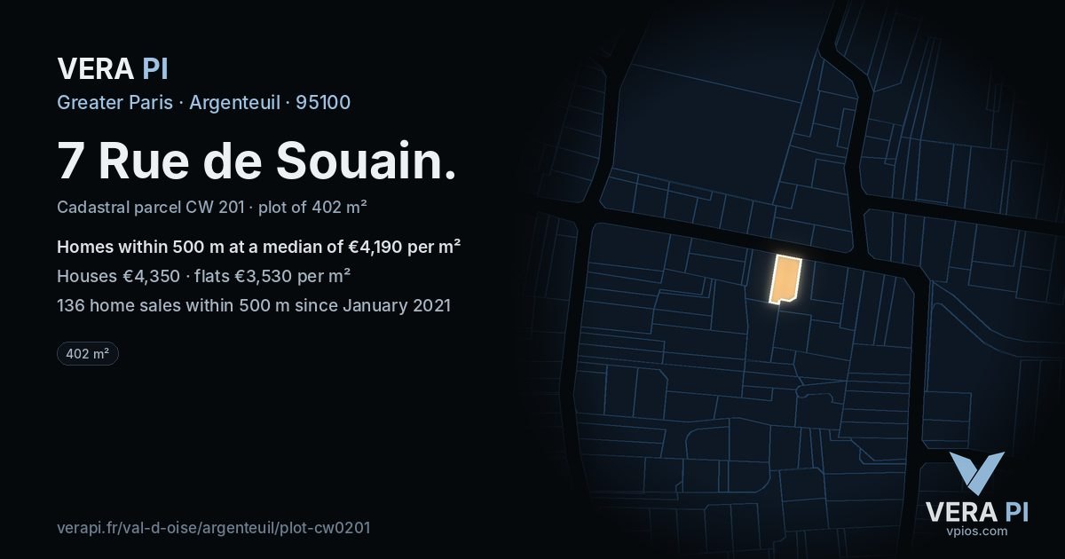 7 Rue de Souain, Argenteuil at night – the plot lit, the parcels around coloured by the prices near them