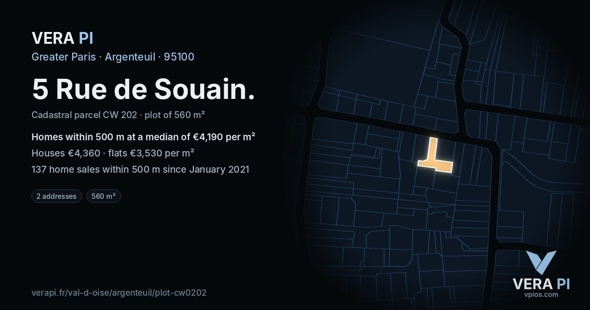 5 Rue de Souain, Argenteuil at night – the plot lit, the parcels around coloured by the prices near them