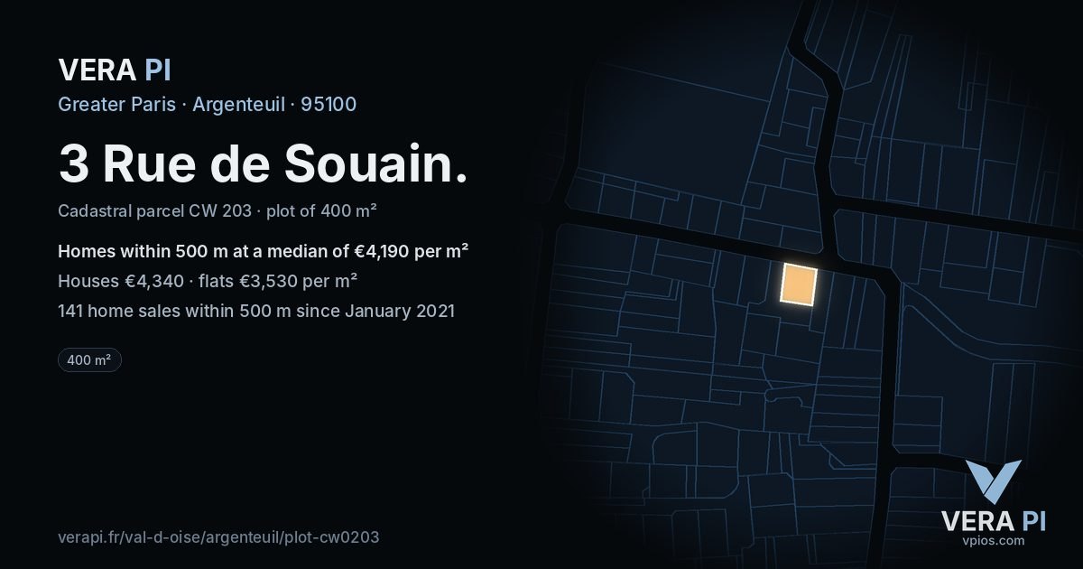 3 Rue de Souain, Argenteuil at night – the plot lit, the parcels around coloured by the prices near them