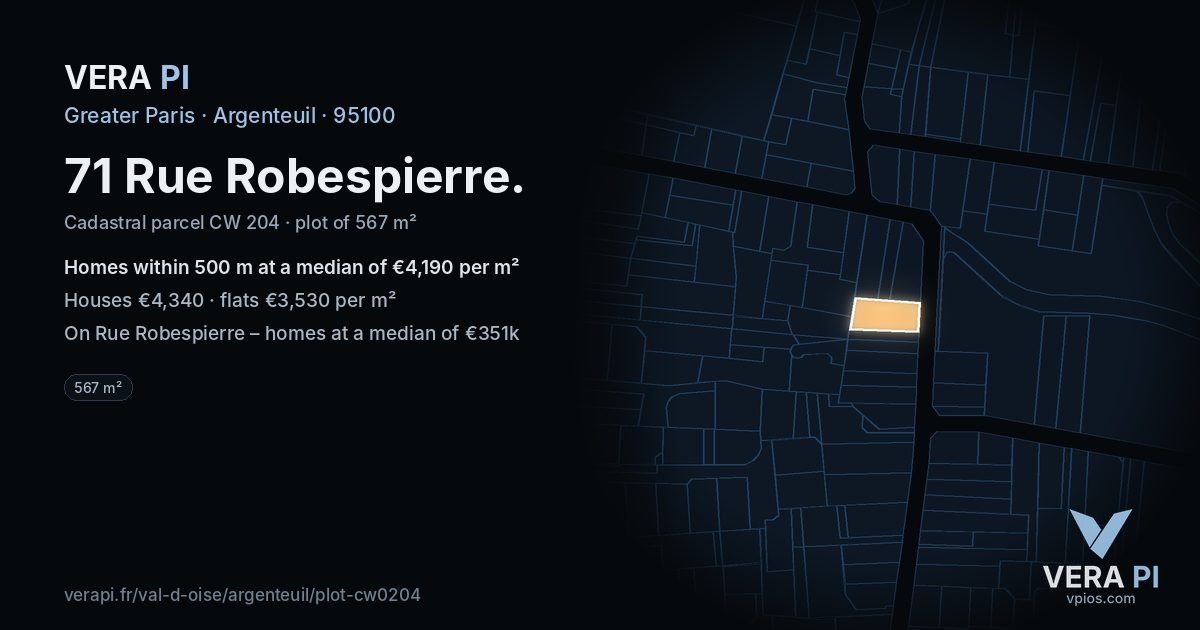 71 Rue Robespierre, Argenteuil at night – the plot lit, the parcels around coloured by the prices near them