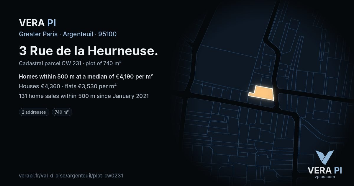 3 Rue de la Heurneuse, Argenteuil at night – the plot lit, the parcels around coloured by the prices near them