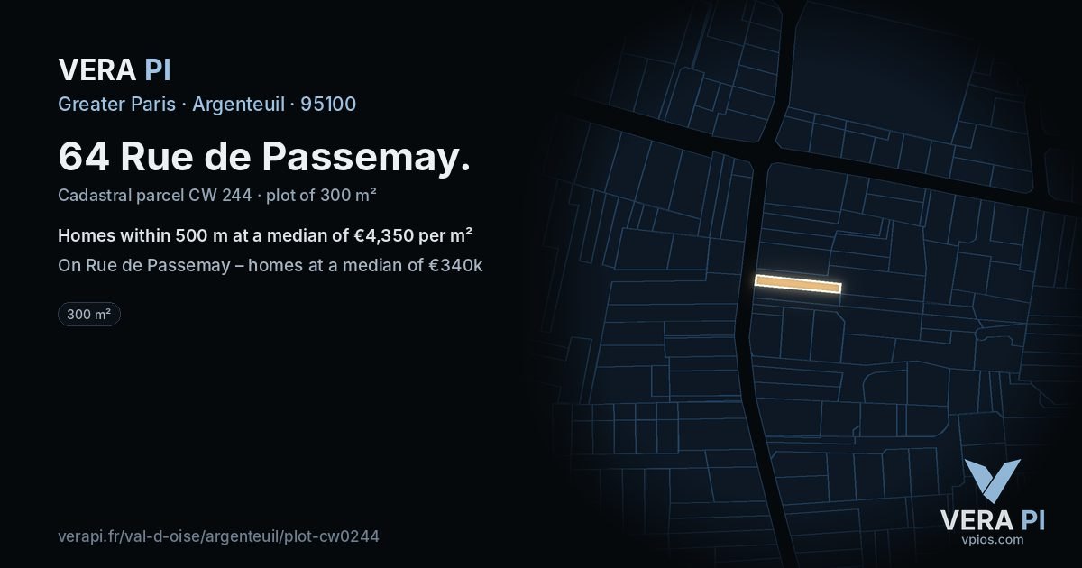 64 Rue de Passemay, Argenteuil at night – the plot lit, the parcels around coloured by the prices near them
