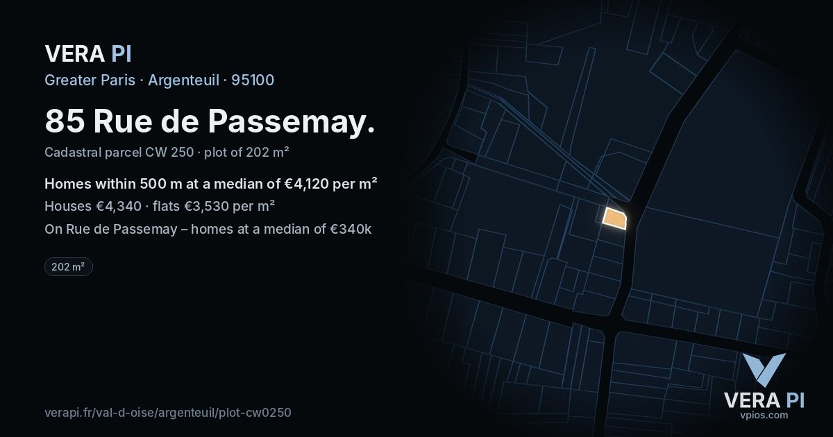 85 Rue de Passemay, Argenteuil at night – the plot lit, the parcels around coloured by the prices near them
