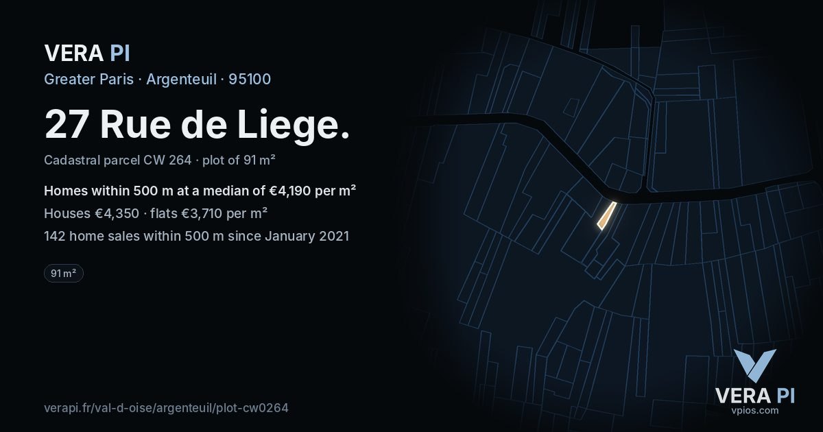 27 Rue de Liege, Argenteuil at night – the plot lit, the parcels around coloured by the prices near them