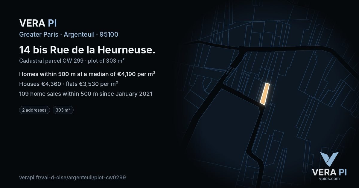 14 bis Rue de la Heurneuse, Argenteuil at night – the plot lit, the parcels around coloured by the prices near them