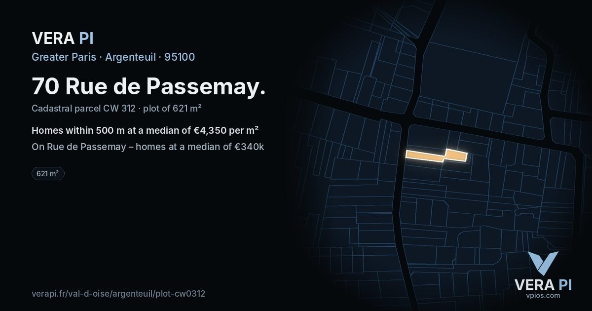 70 Rue de Passemay, Argenteuil at night – the plot lit, the parcels around coloured by the prices near them
