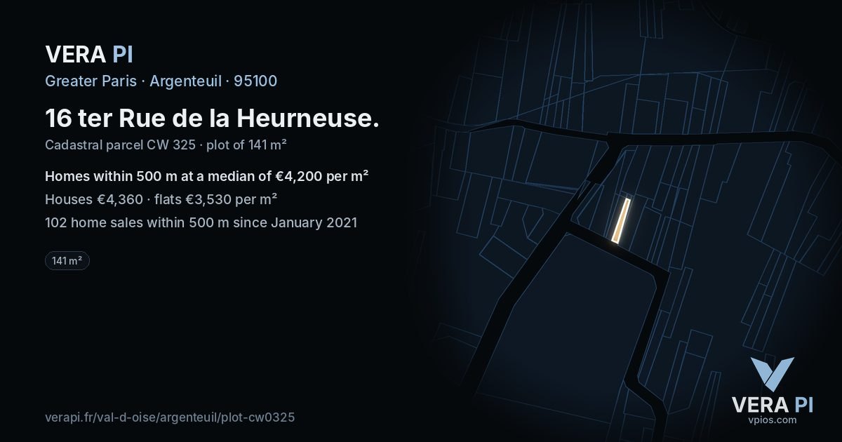 16 ter Rue de la Heurneuse, Argenteuil at night – the plot lit, the parcels around coloured by the prices near them