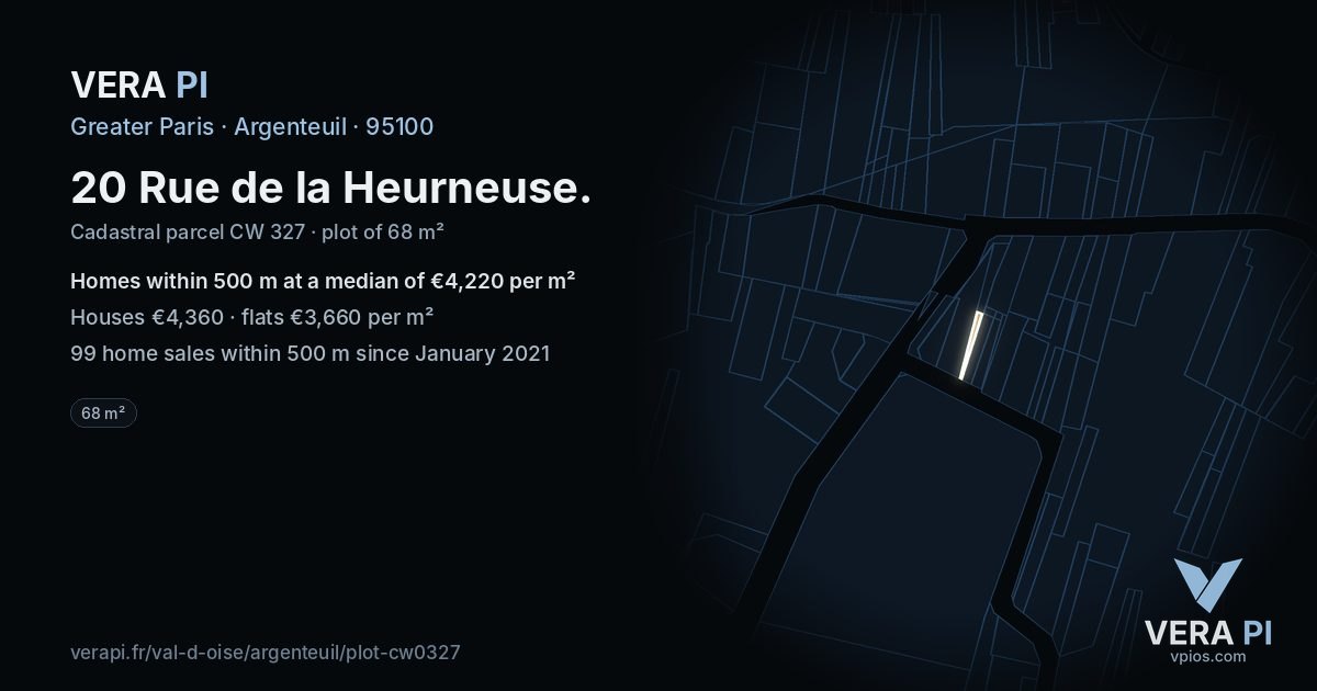 20 Rue de la Heurneuse, Argenteuil at night – the plot lit, the parcels around coloured by the prices near them