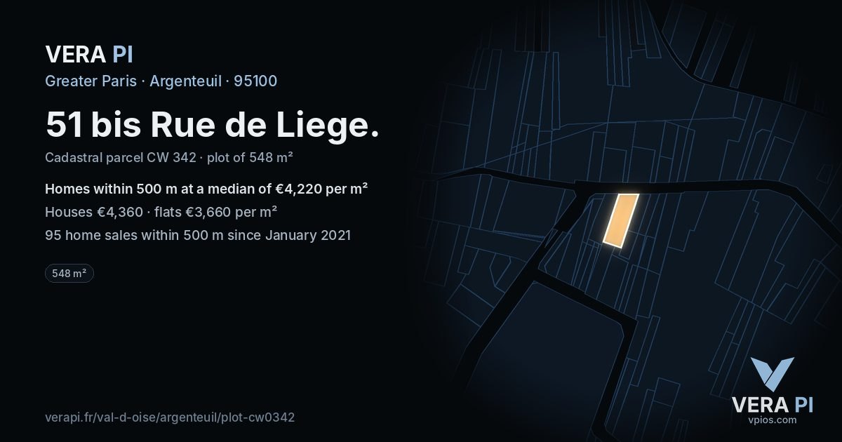51 bis Rue de Liege, Argenteuil at night – the plot lit, the parcels around coloured by the prices near them