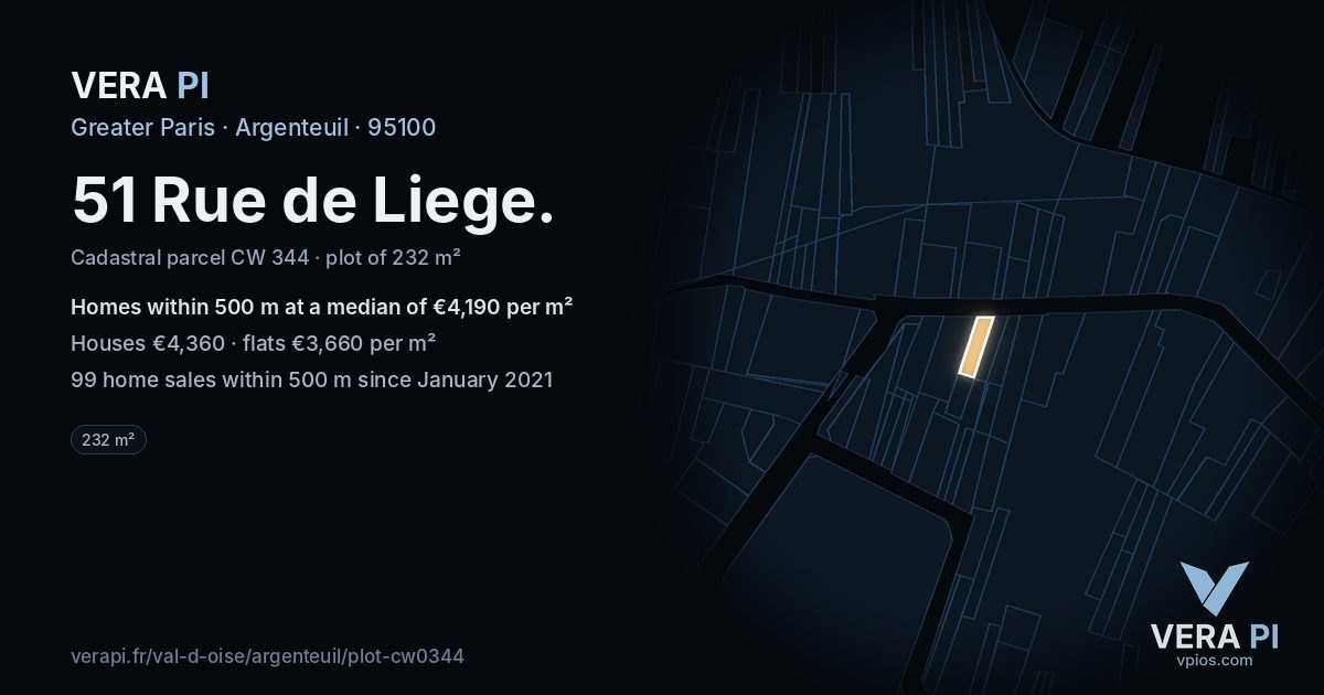 51 Rue de Liege, Argenteuil at night – the plot lit, the parcels around coloured by the prices near them