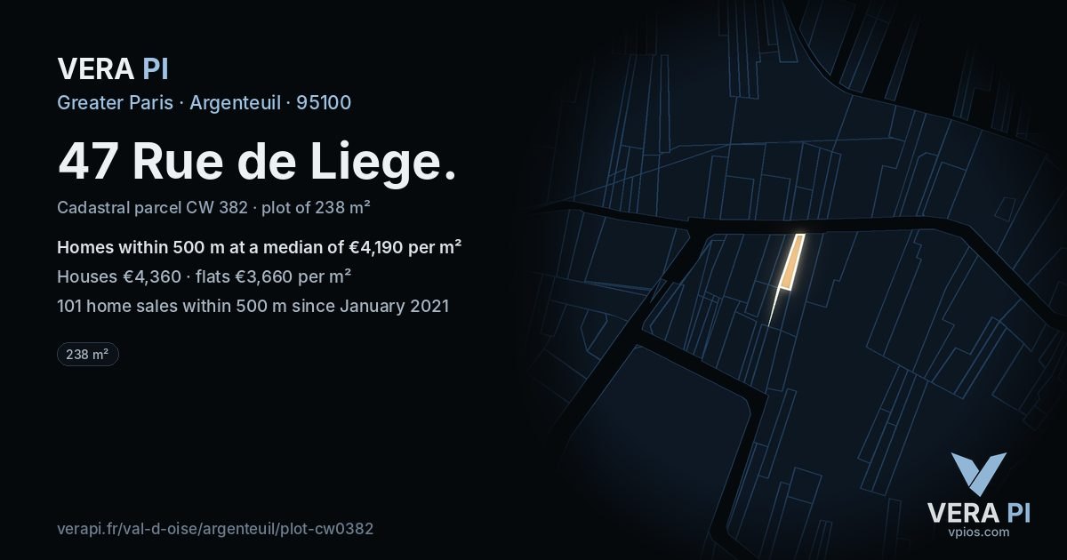 47 Rue de Liege, Argenteuil at night – the plot lit, the parcels around coloured by the prices near them