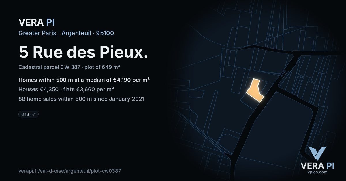 5 Rue des Pieux, Argenteuil at night – the plot lit, the parcels around coloured by the prices near them