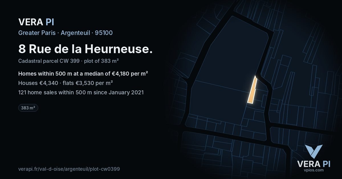 8 Rue de la Heurneuse, Argenteuil at night – the plot lit, the parcels around coloured by the prices near them