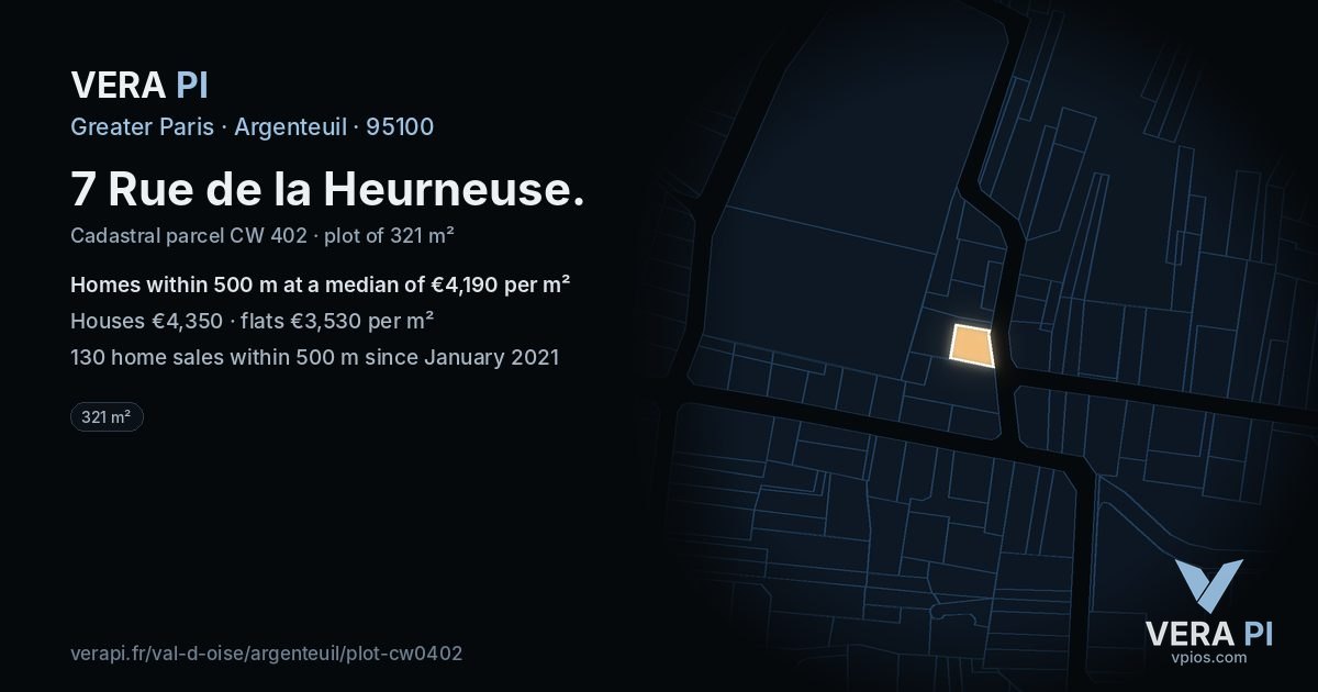 7 Rue de la Heurneuse, Argenteuil at night – the plot lit, the parcels around coloured by the prices near them
