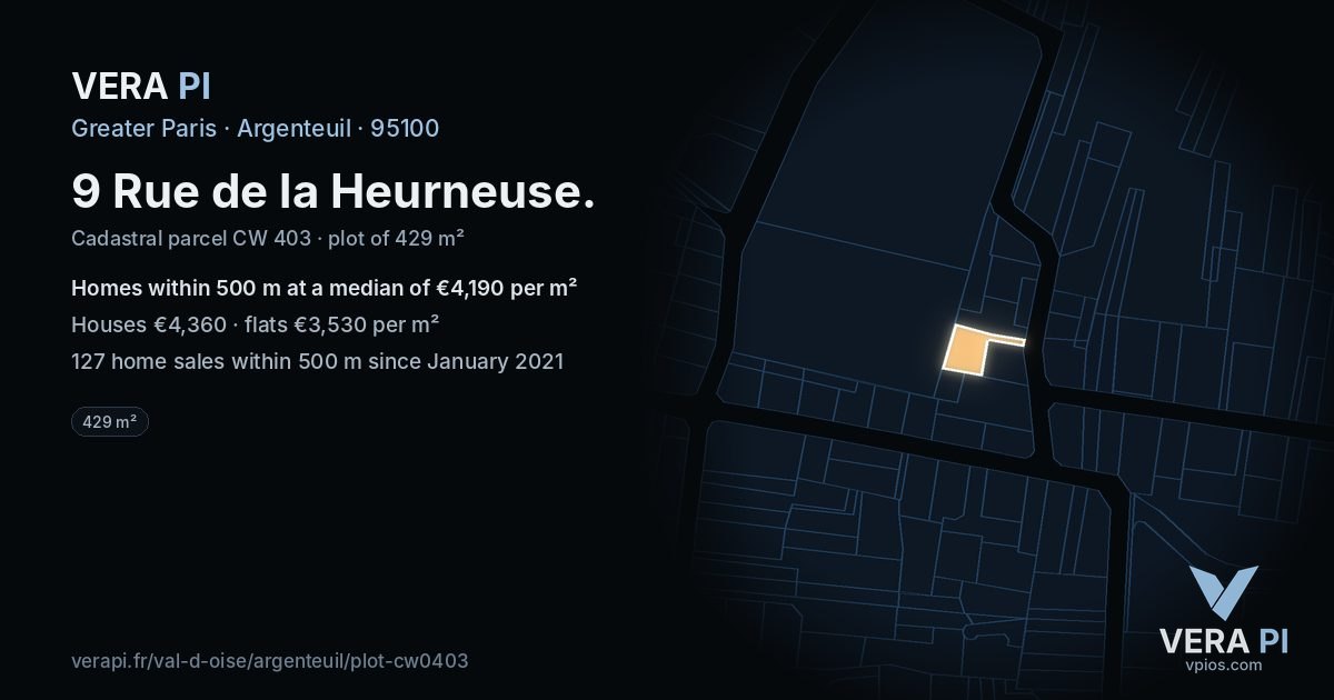 9 Rue de la Heurneuse, Argenteuil at night – the plot lit, the parcels around coloured by the prices near them