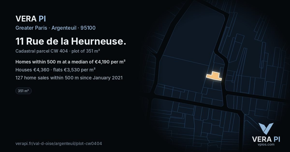 11 Rue de la Heurneuse, Argenteuil at night – the plot lit, the parcels around coloured by the prices near them