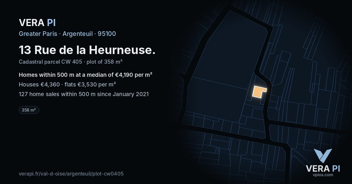 13 Rue de la Heurneuse, Argenteuil at night – the plot lit, the parcels around coloured by the prices near them