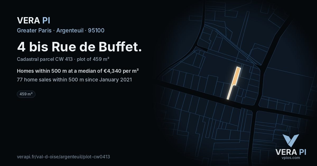 4 bis Rue de Buffet, Argenteuil at night – the plot lit, the parcels around coloured by the prices near them
