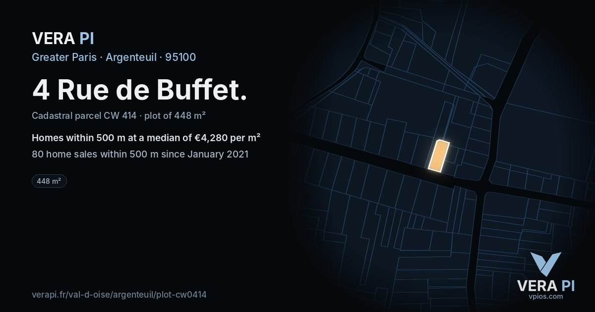 4 Rue de Buffet, Argenteuil at night – the plot lit, the parcels around coloured by the prices near them