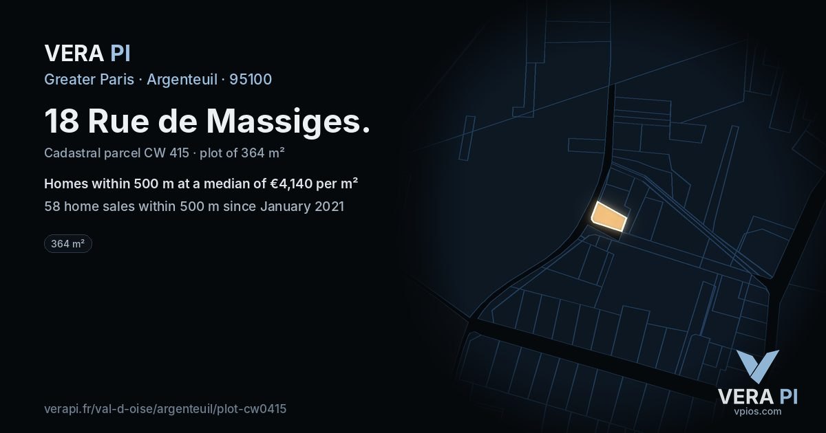 18 Rue de Massiges, Argenteuil at night – the plot lit, the parcels around coloured by the prices near them