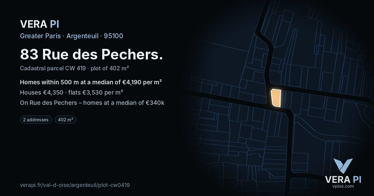 83 Rue des Pechers, Argenteuil at night – the plot lit, the parcels around coloured by the prices near them