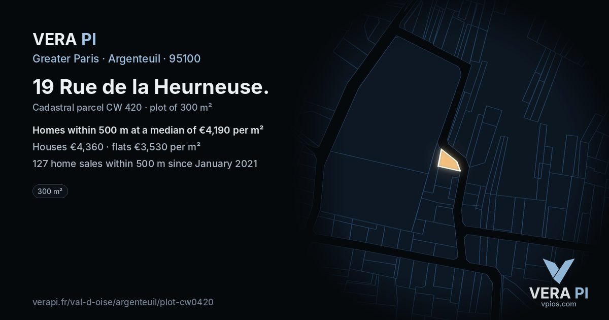 19 Rue de la Heurneuse, Argenteuil at night – the plot lit, the parcels around coloured by the prices near them