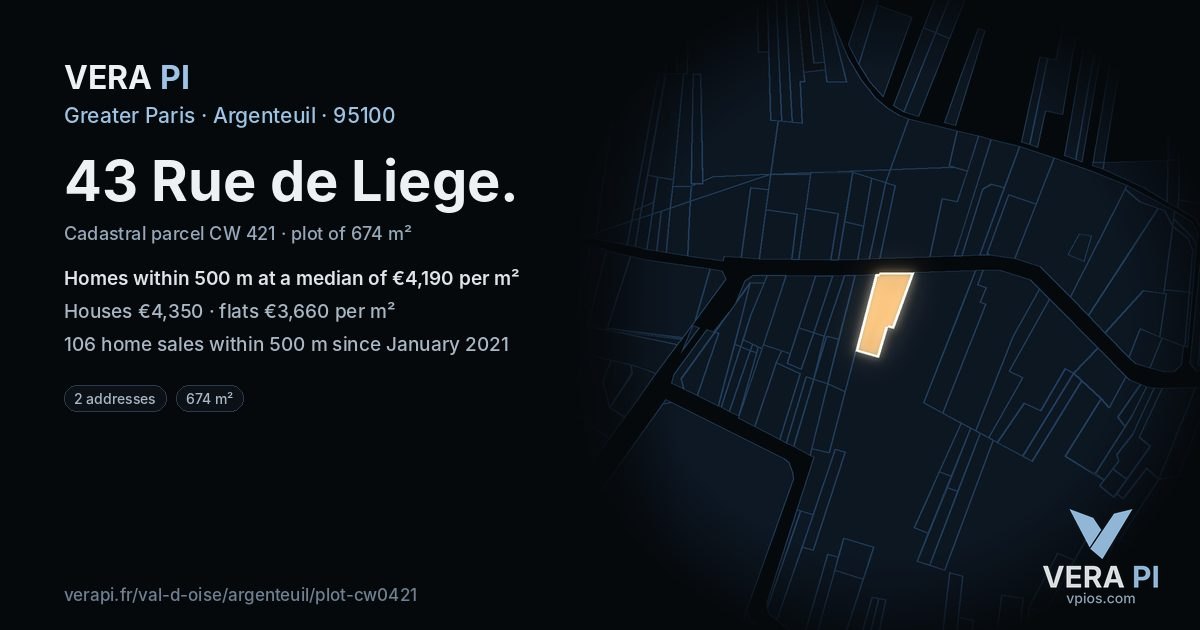 43 Rue de Liege, Argenteuil at night – the plot lit, the parcels around coloured by the prices near them