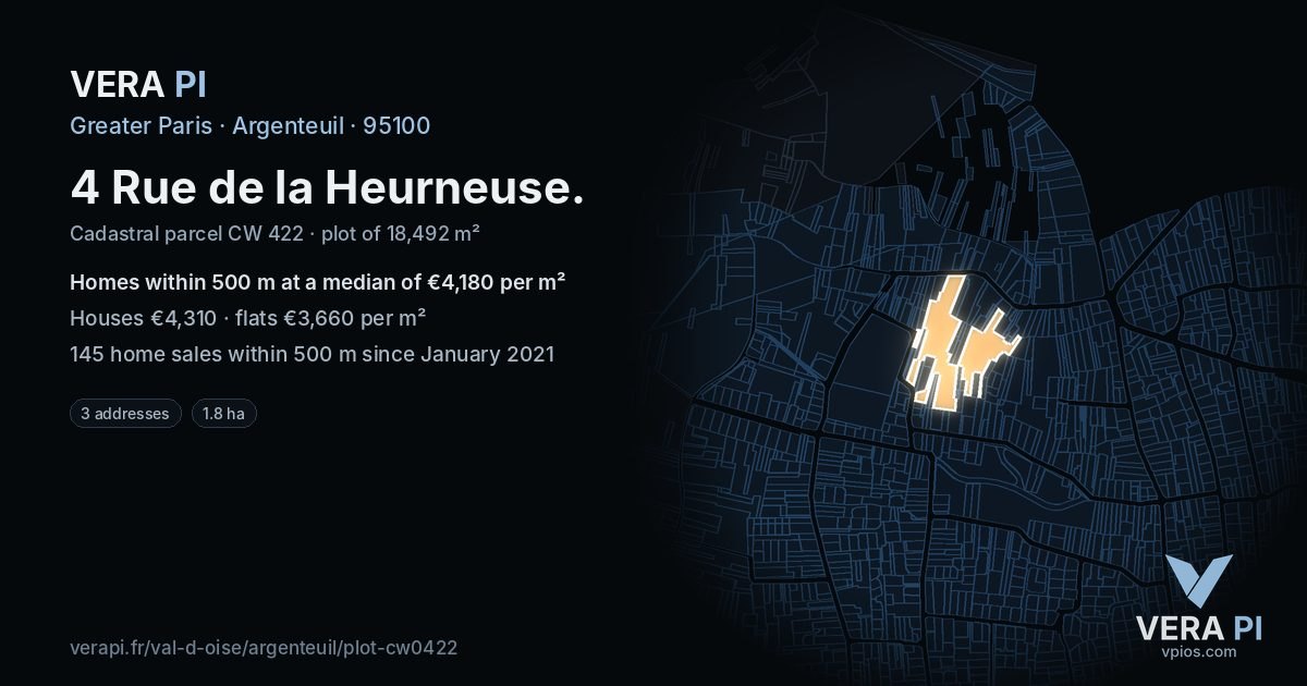 4 Rue de la Heurneuse, Argenteuil at night – the plot lit, the parcels around coloured by the prices near them
