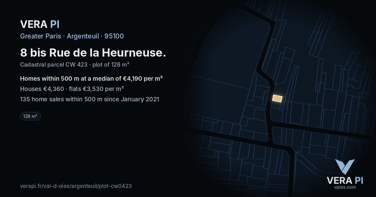 8 bis Rue de la Heurneuse, Argenteuil at night – the plot lit, the parcels around coloured by the prices near them