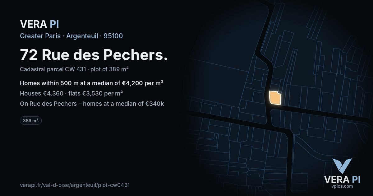 72 Rue des Pechers, Argenteuil at night – the plot lit, the parcels around coloured by the prices near them