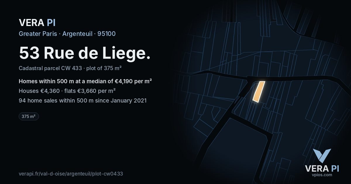 53 Rue de Liege, Argenteuil at night – the plot lit, the parcels around coloured by the prices near them