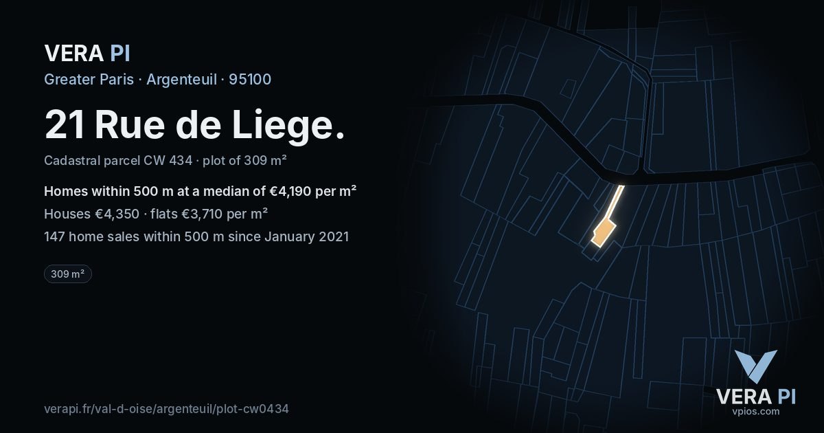 21 Rue de Liege, Argenteuil at night – the plot lit, the parcels around coloured by the prices near them