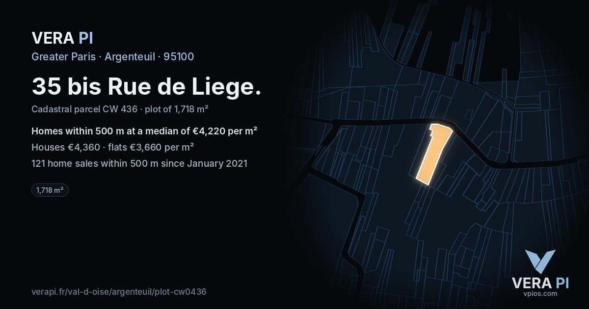 35 bis Rue de Liege, Argenteuil at night – the plot lit, the parcels around coloured by the prices near them