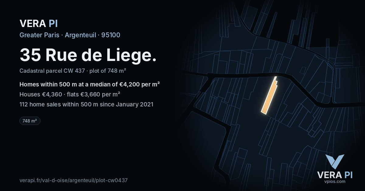 35 Rue de Liege, Argenteuil at night – the plot lit, the parcels around coloured by the prices near them