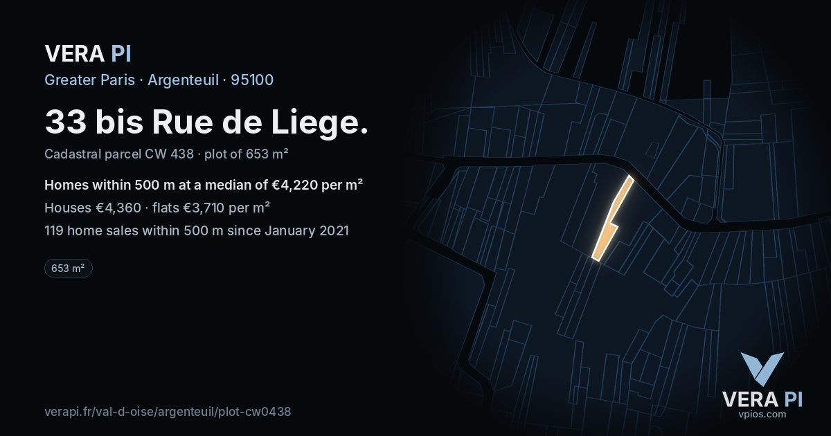 33 bis Rue de Liege, Argenteuil at night – the plot lit, the parcels around coloured by the prices near them