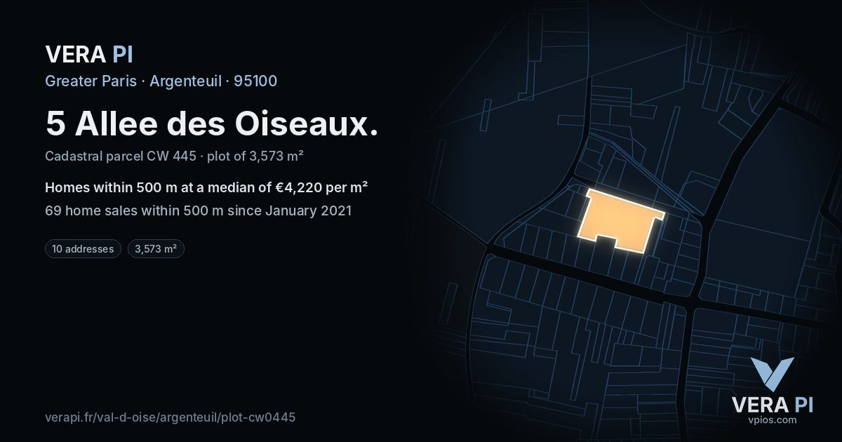 5 Allee des Oiseaux, Argenteuil at night – the plot lit, the parcels around coloured by the prices near them